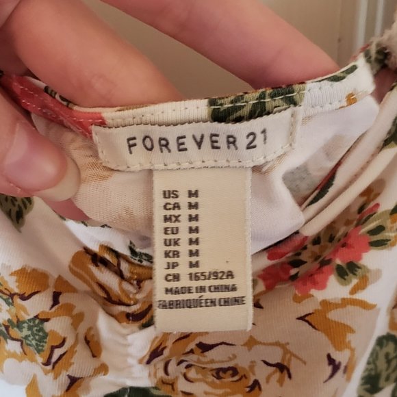 Forever 21 MEDIUM white floral dress pink yellow belt cut-out back - Picture 5 of 6